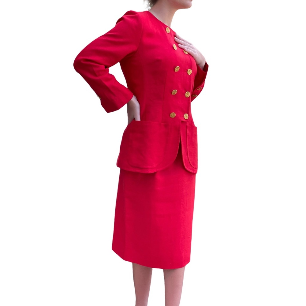 Vintage Yves Saint Laurent Skirt Suit 10 Red Double Breasted Blazer Gold Buttons